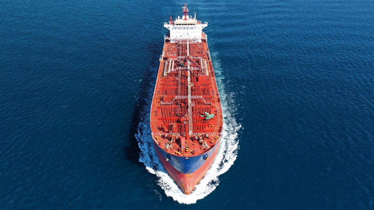 Oil ship distributing cargo supplies
